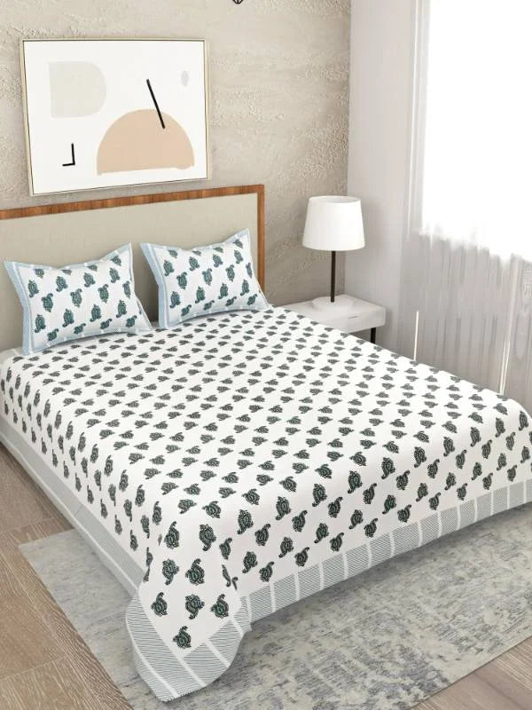 Curated Block Print Green Super King Size Bedsheet