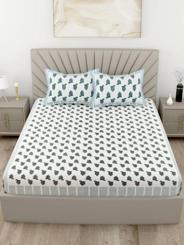 Curated Block Print Green Super King Size Bedsheet