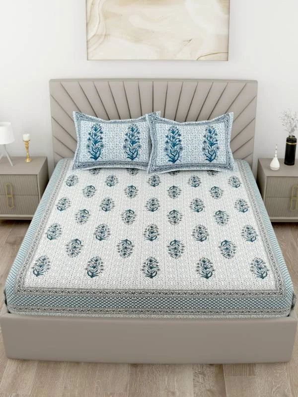 Hand block Printed Blue Super King Size Bedsheet