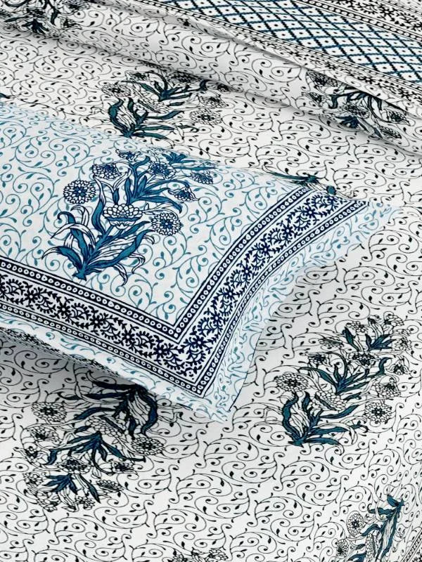 Hand block Printed Blue Super King Size Bedsheet