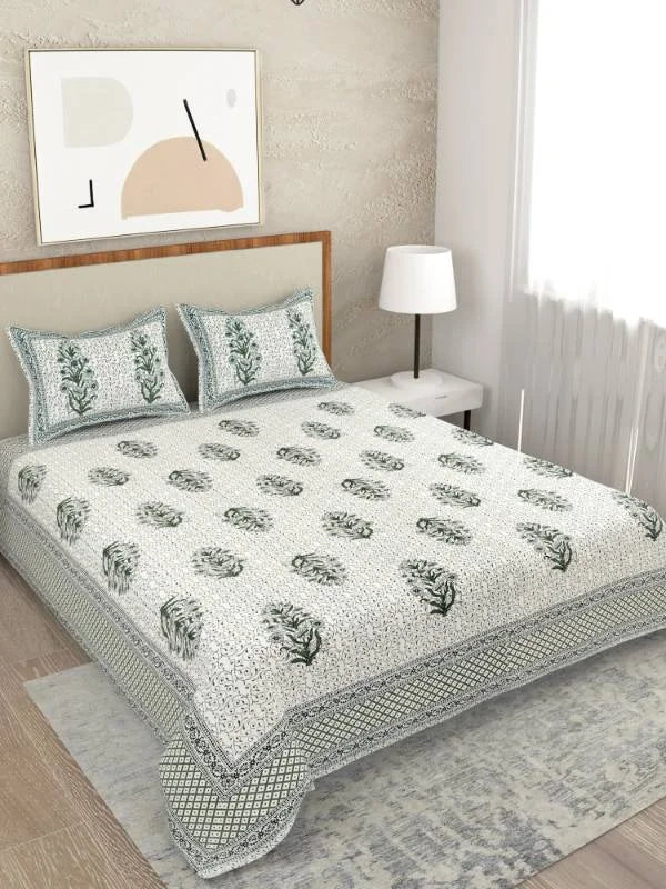 Hand block Printed Green Super King Size Bedsheet