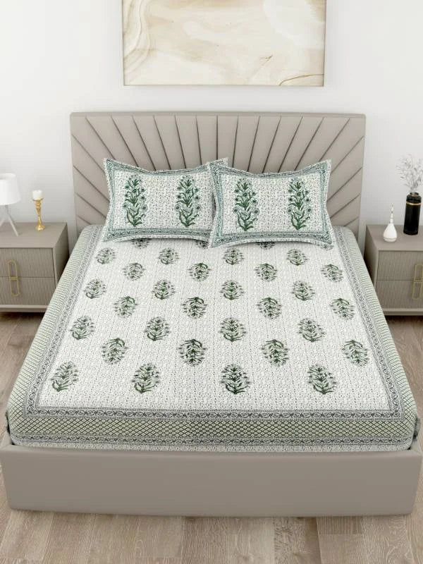 Hand block Printed Green Super King Size Bedsheet