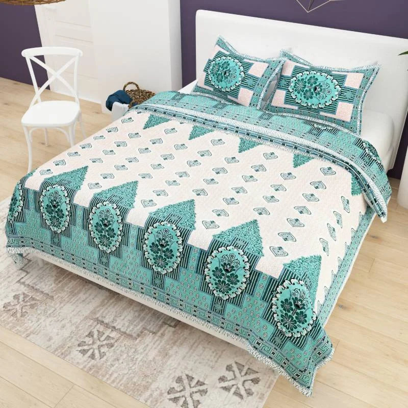 Card Print Jaipuri Blue King Size Cotton Bedsheet