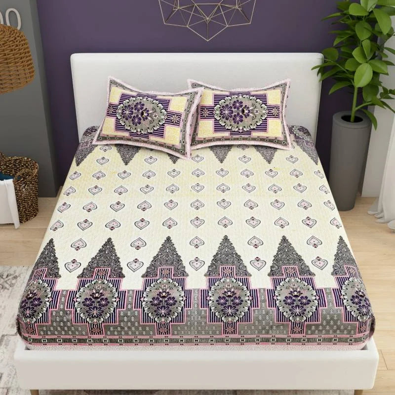 Card Print Jaipuri Purple King Size Cotton Bedsheet