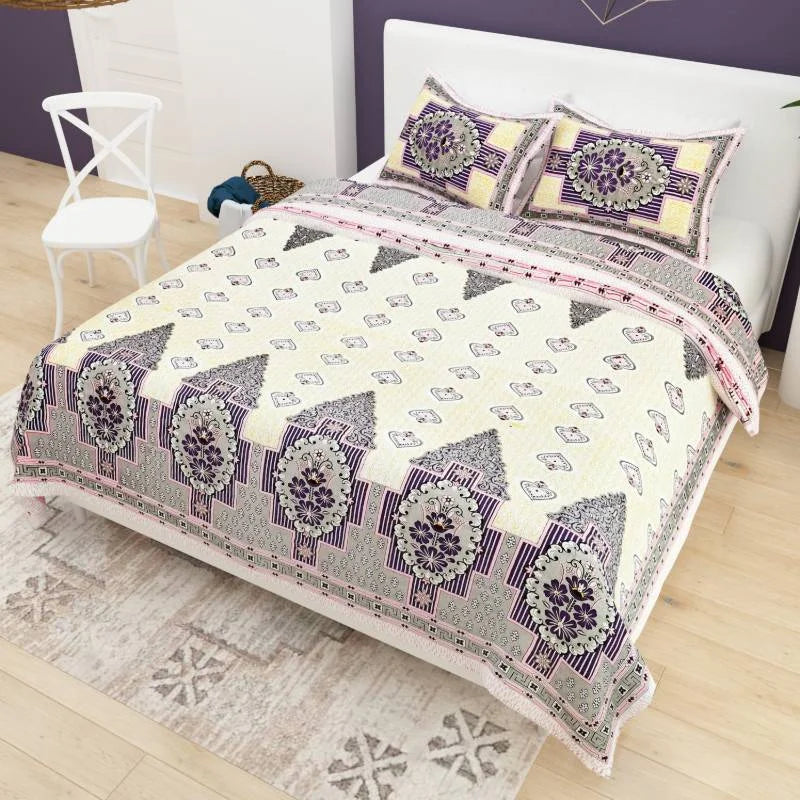 Card Print Jaipuri Purple King Size Cotton Bedsheet