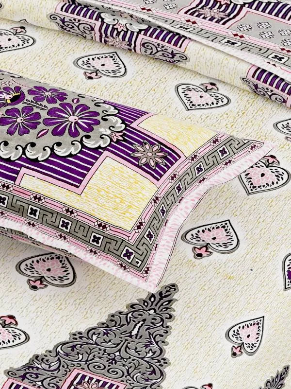 Card Print Jaipuri Purple King Size Cotton Bedsheet