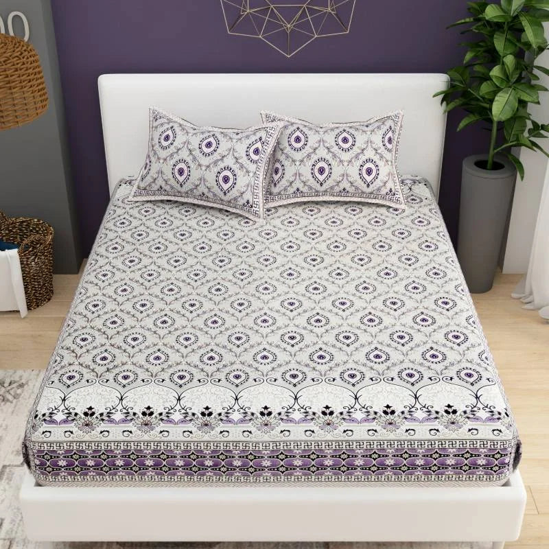 Swastik Style Purple King Size Cotton Bedsheet