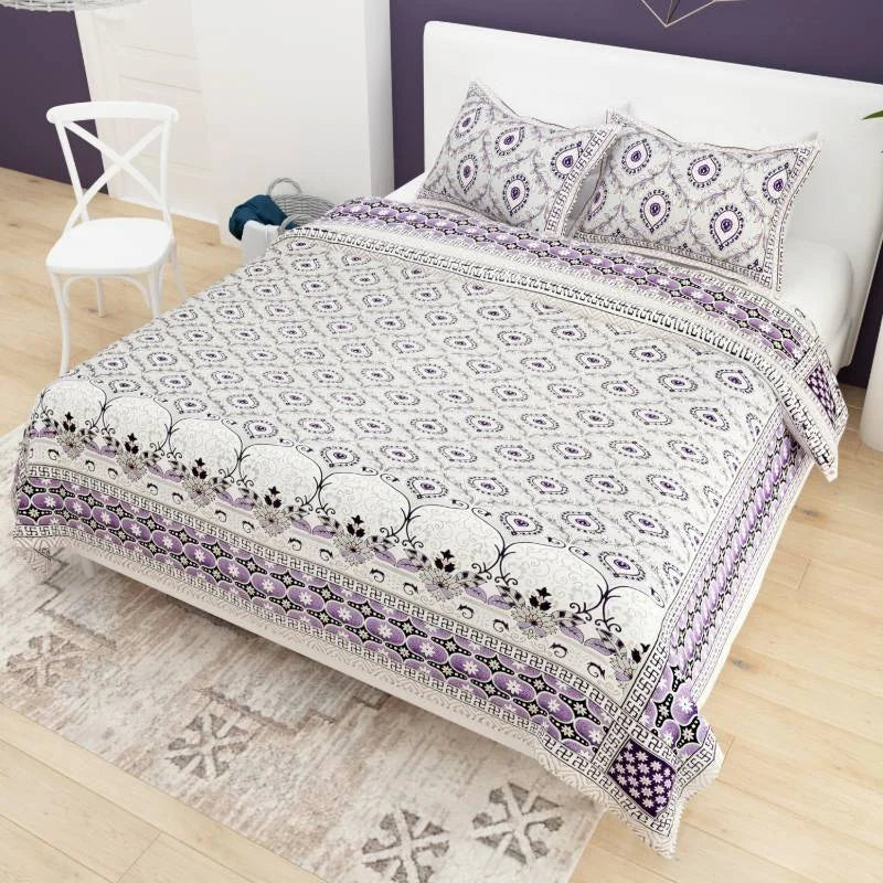 Swastik Style Purple King Size Cotton Bedsheet