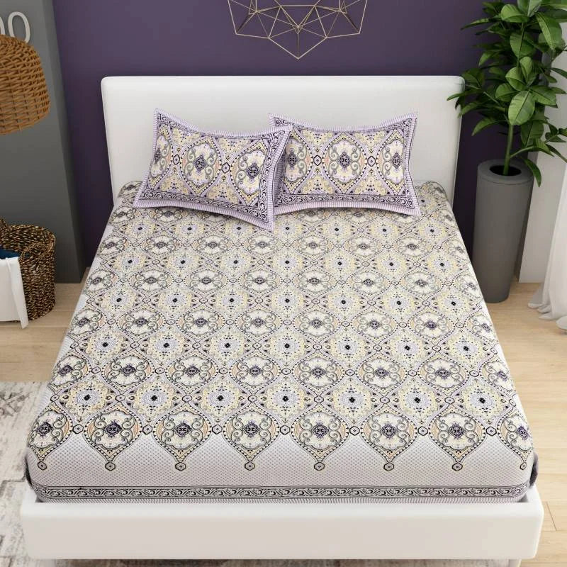 Swastik Style Purple King Size Cotton Bedsheet