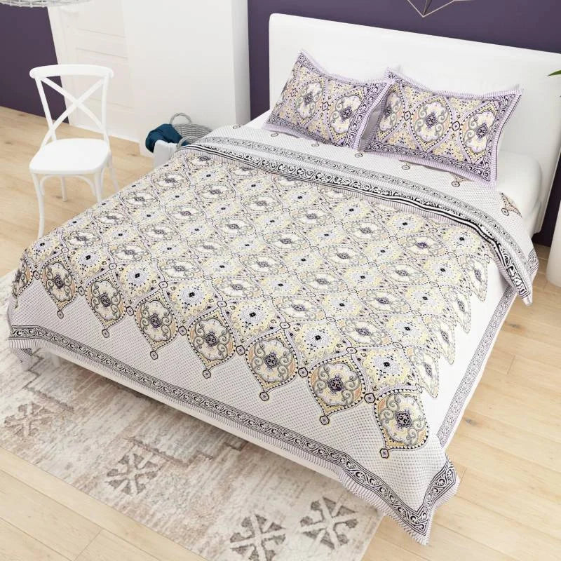 Swastik Style Purple King Size Cotton Bedsheet