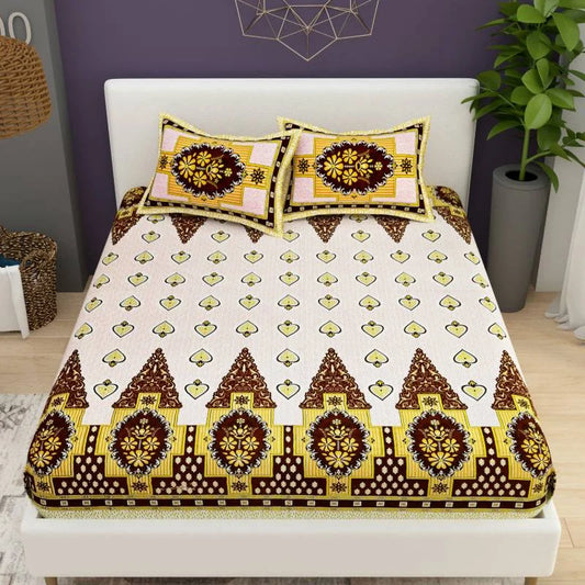 Card Print Jaipuri Yellow King Size Cotton Bedsheet