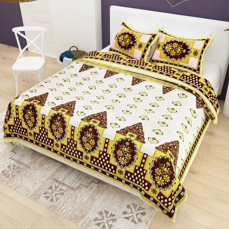 Card Print Jaipuri Yellow King Size Cotton Bedsheet