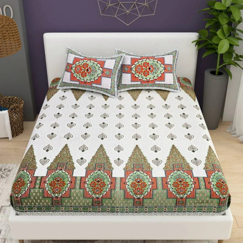 Card Print Jaipuri Green King Size Cotton Bedsheet