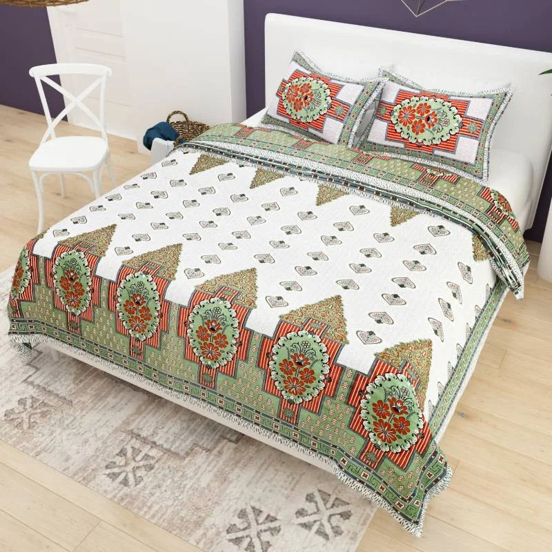 Card Print Jaipuri Green King Size Cotton Bedsheet