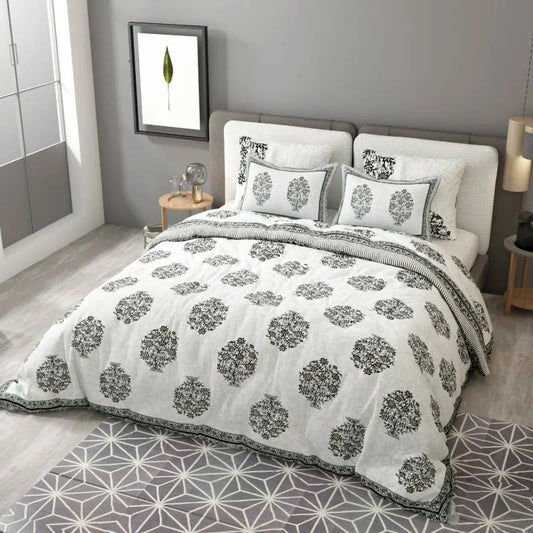 Block Print Grey King Size Cotton Bedsheet