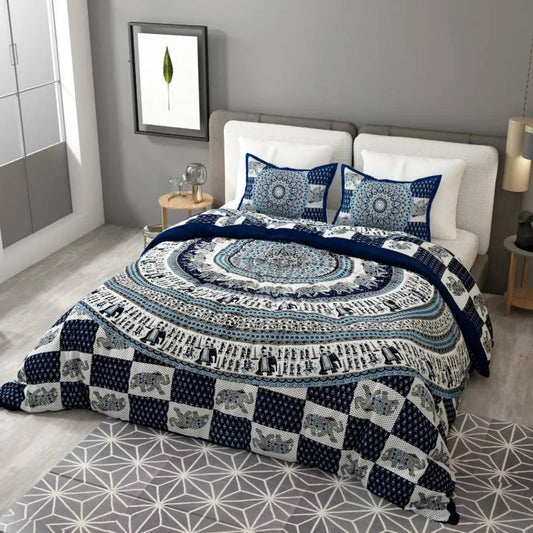 Elephant Printed Blue King Size Cotton Bedsheet